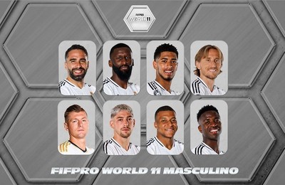 Carvajal, Rüdiger, Bellingham, Modric, Kroos, Valverde, Mbappé y Vini Jr.